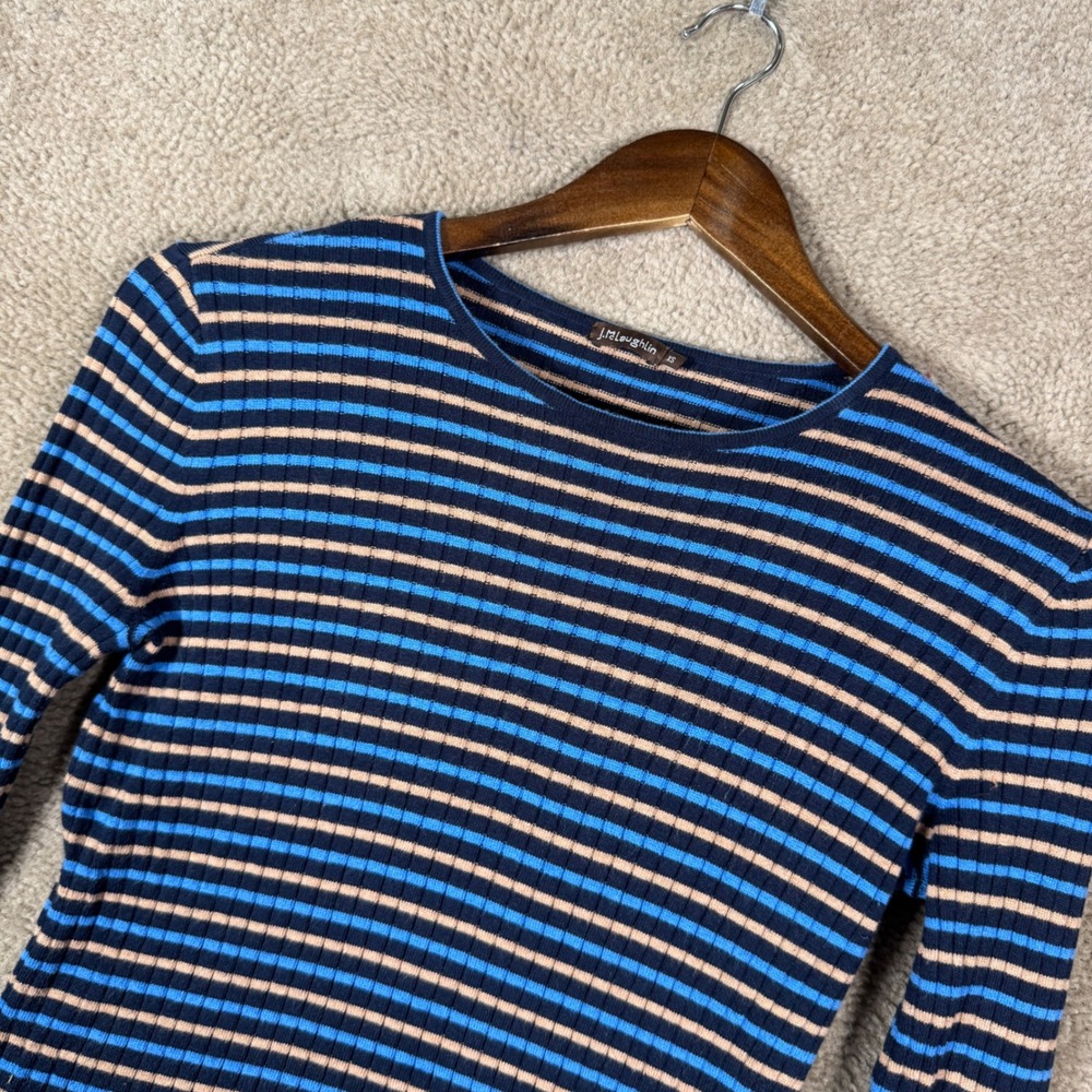 J.McLaughlin Ribbed Striped Top Womens XS Blue Long Sleeve Button Cuff Shirt